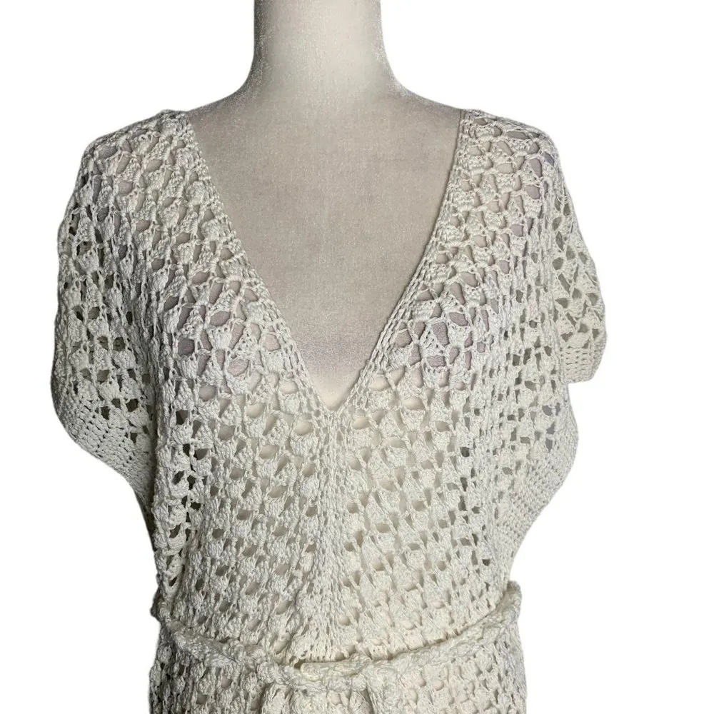 Handmade Loose Knit Cover Up Poncho One Size White V Neck Tie Belt Open Sides - Image 2
