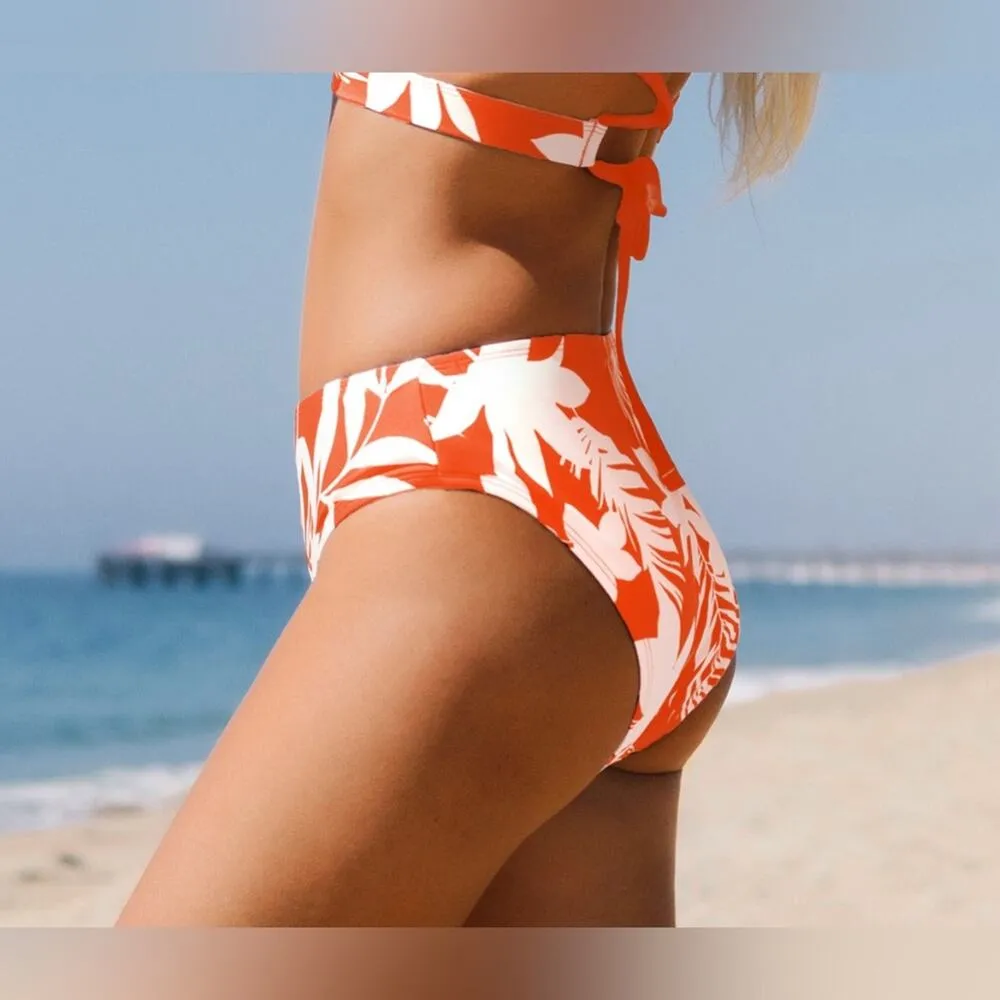 Woman’s Cupshe Palm and Leaf Orange and White Bikini Bottoms Size Medium - Image 5
