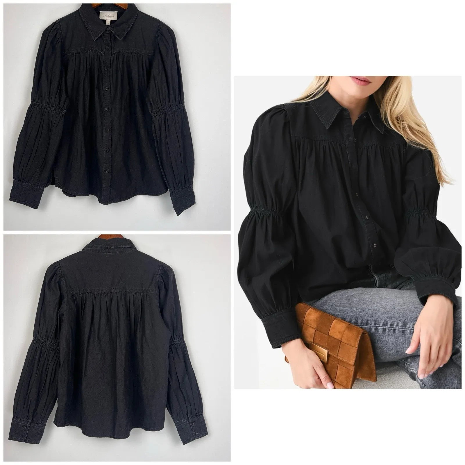 Cleobella Blakely Blouse M Black Puff Sleeve Button Down Boho Cotton Top - Image 5