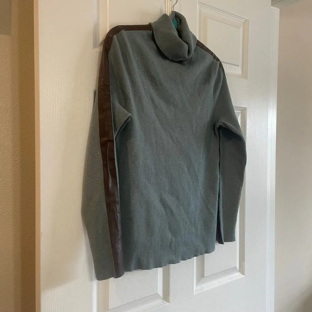 Lauren Ralph Lauren Faux Leather Trim Turtleneck Sweater XL Teal Heather/brown Blue - Image 2