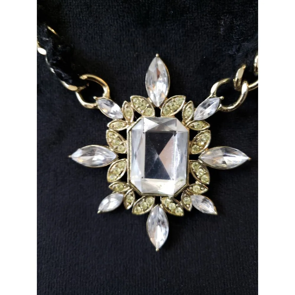 Women's Gold Chain Crystal Pendant Necklace Lobster Clasp Black Cord Accent - Image 3