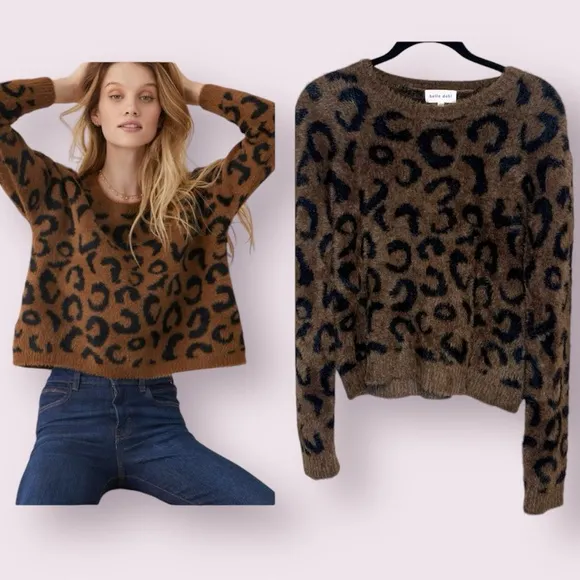 Fuzzy Leopard Print Sweater From Revolve Brown Black Size Small - Image 2
