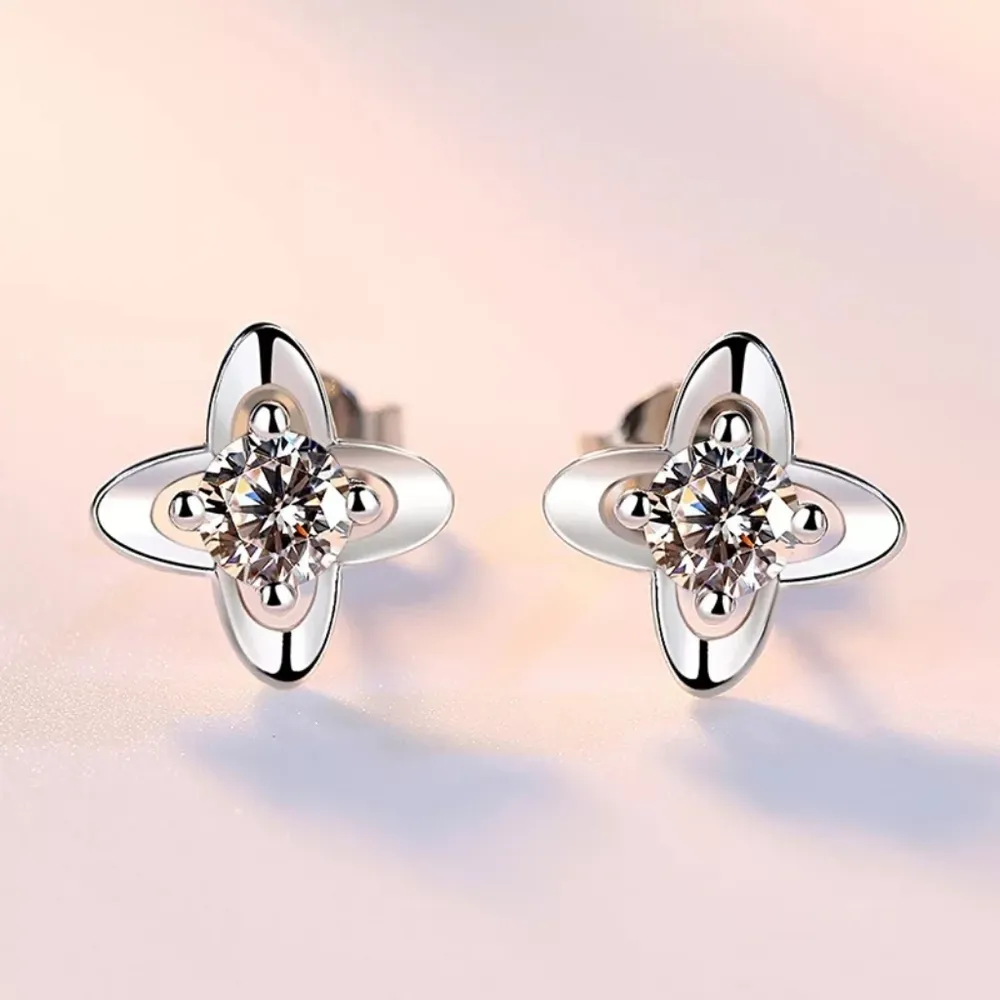 NEW 925 Sterling Silver Clover‎ Diamond Stud Earrings - Image 4