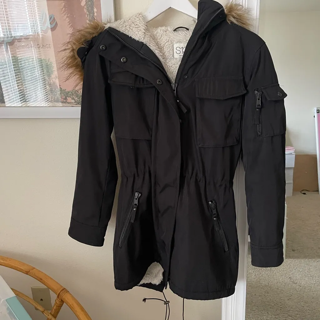 S13 New York Ultra Tech Field Anorak Parka Sherpa Lined Fur Hood Coat Jacket Black Size XS - Image 2