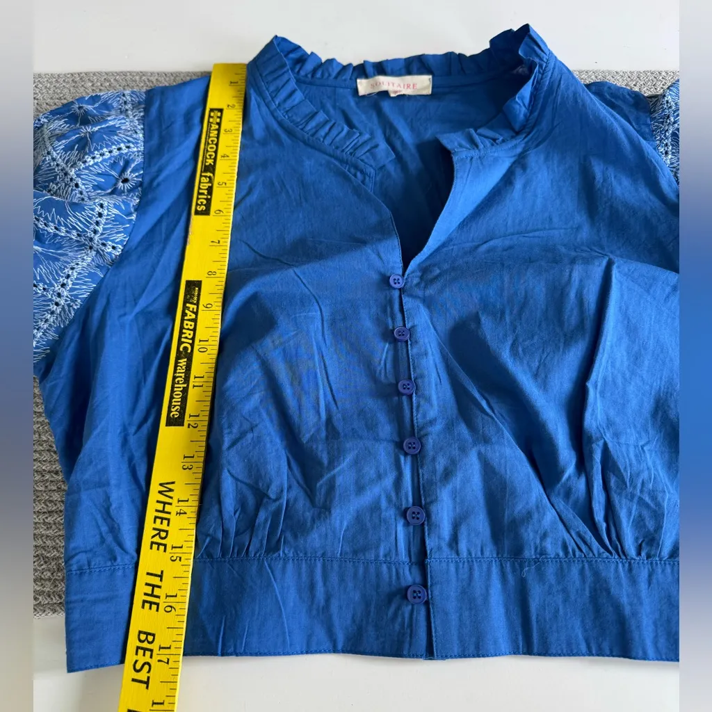 Solitaire Cobalt Blue Embroidered Cotton Flare Sleeve Cropped Blouse Size Large - Image 9