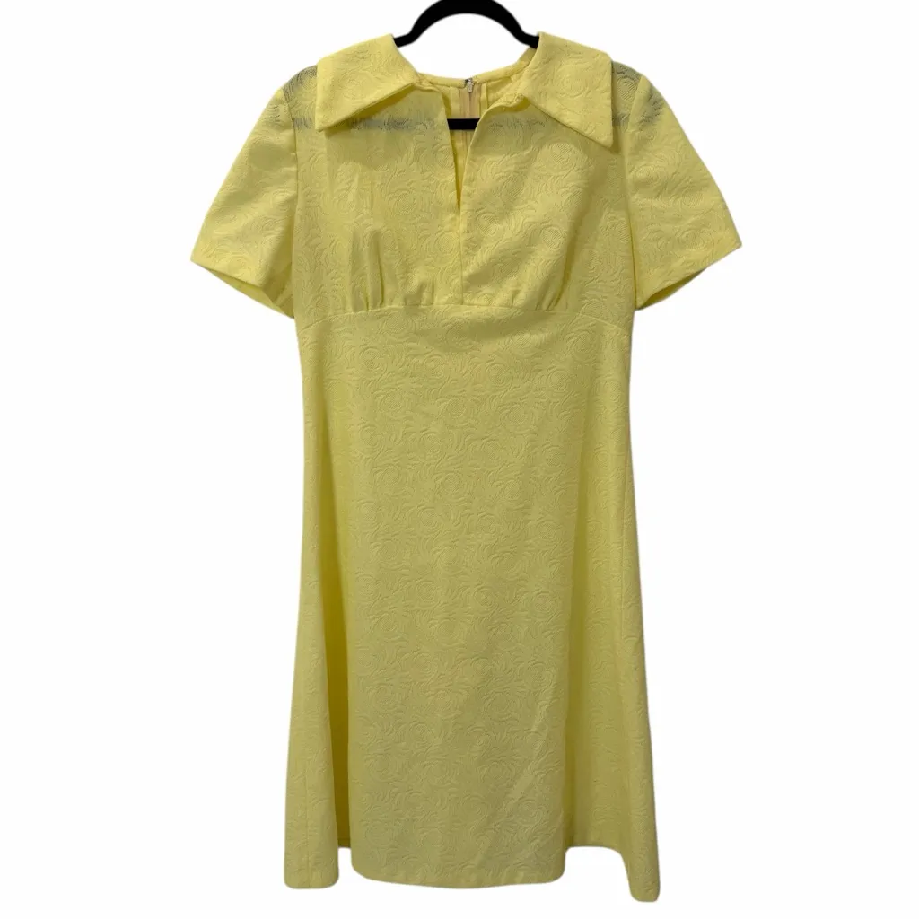 VINTAGE 60s Yellow Jacquard Empire Waist Mod Dress Large - Image 5
