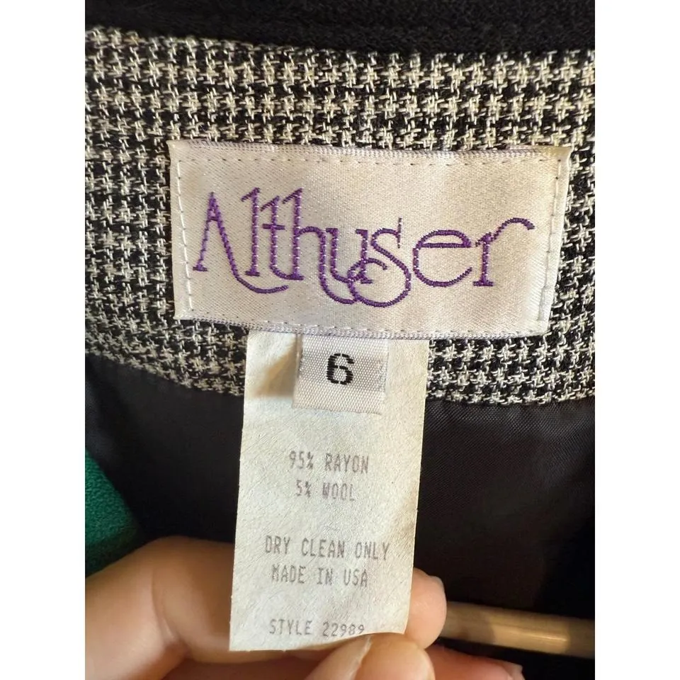 Althuser Houndstooth Blazer Green Trim Cropped Jacket Womens Size 6 Made in USA - Image 2
