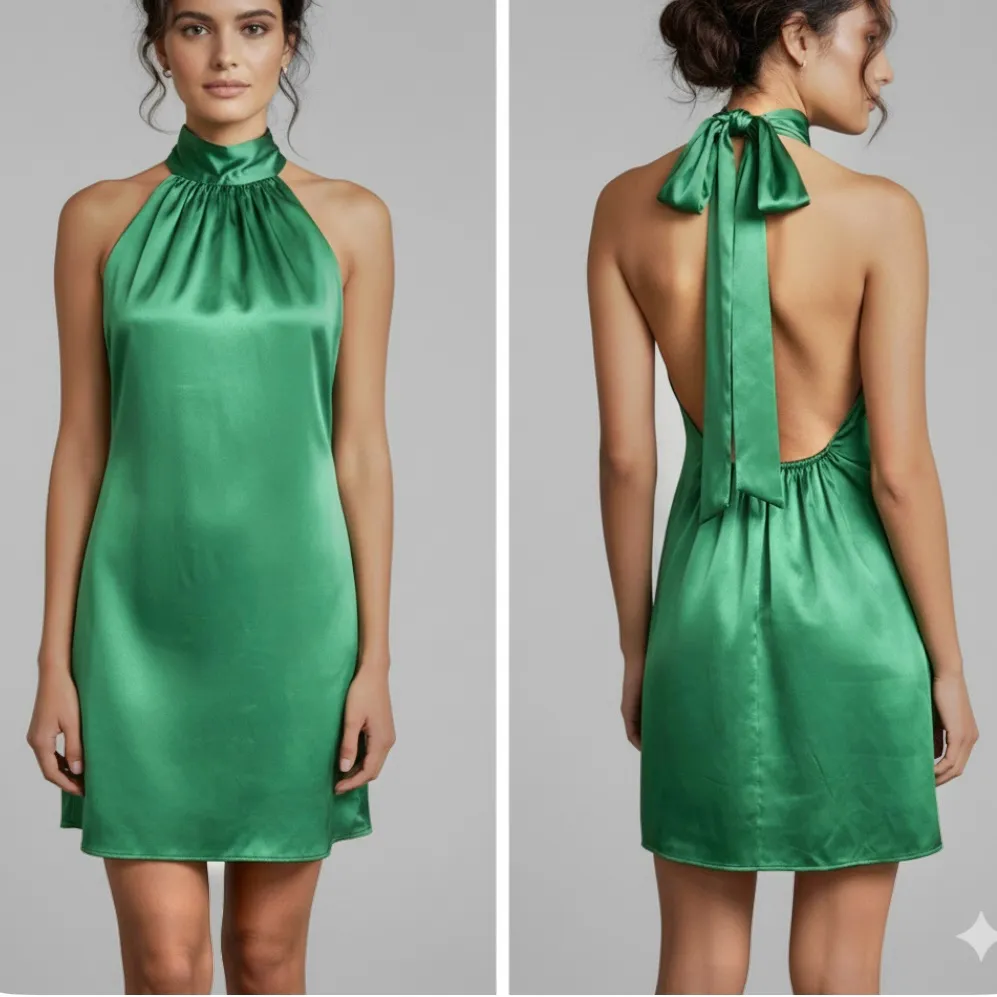 Flounce Dress Satin Mini Backless High Tie Neck Emerald Green 6 Halter Cocktail - Image 2