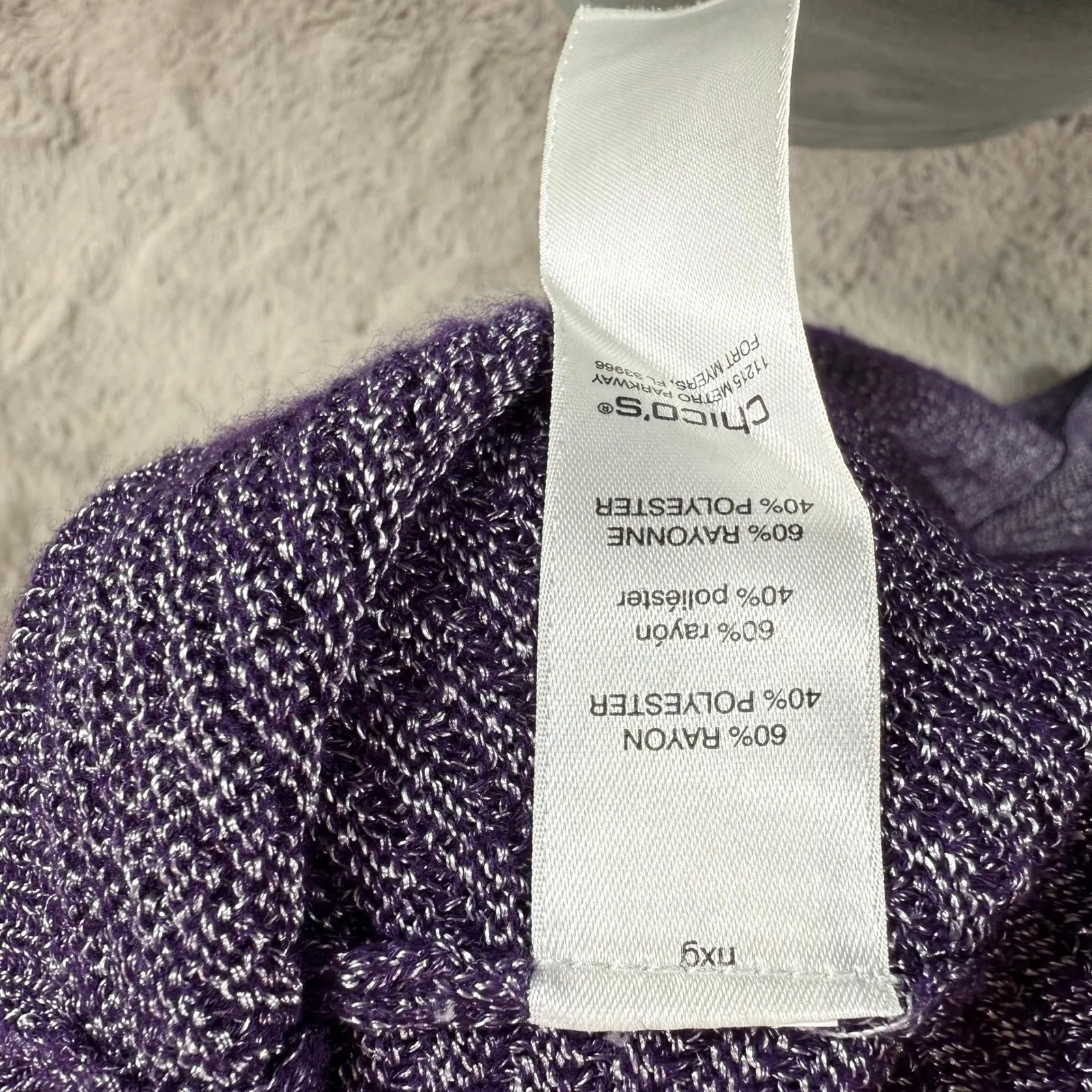 Chico's Easywear Purple Metallic Knit Cowl Neck 3/4 Sleeve Pullover‎ Top Size XL - Image 3