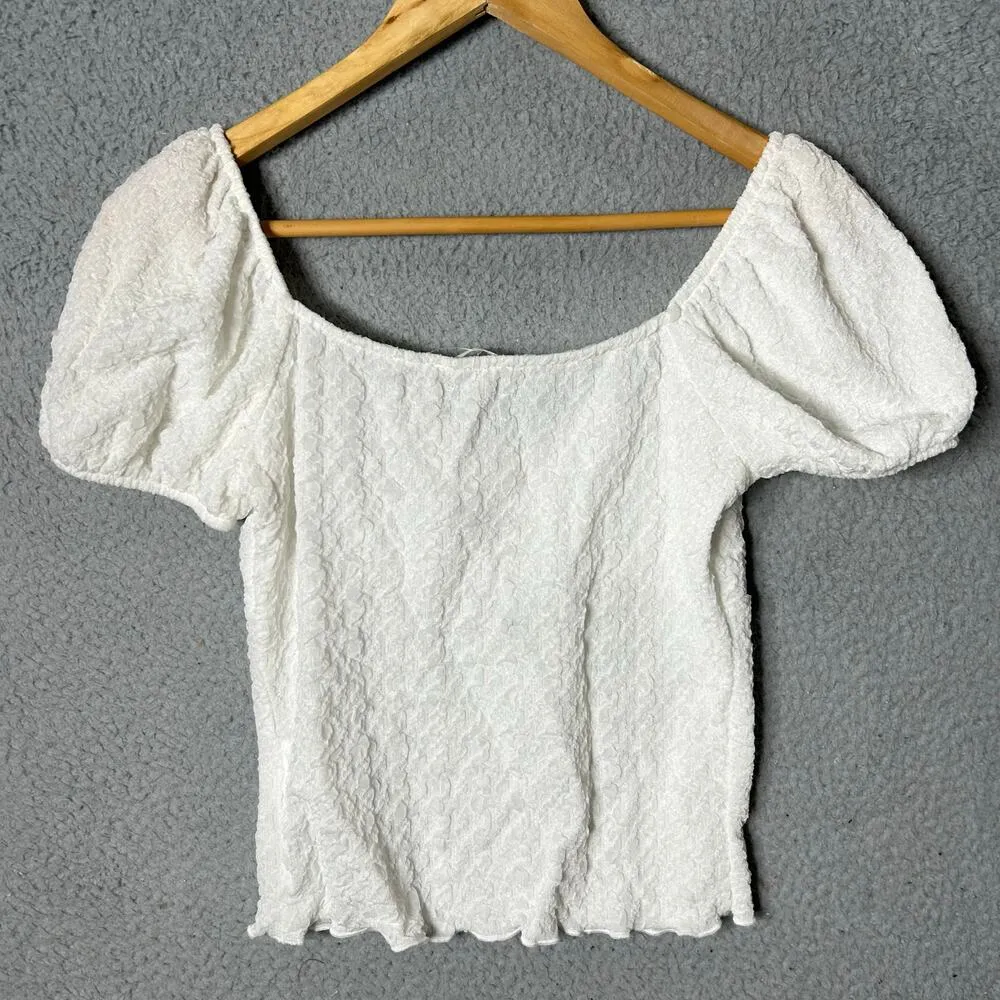 Lush Top Womens Juniors M Ivory Ruched Puff‎ Sleeve Babydoll Cottagecore Top NEW - Image 2