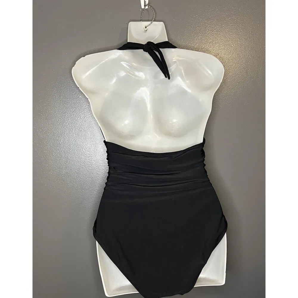 Old Navy Women’s Small Deep V-Neck Tie Back Black Halter One-Piece Swimsuit - Image 3