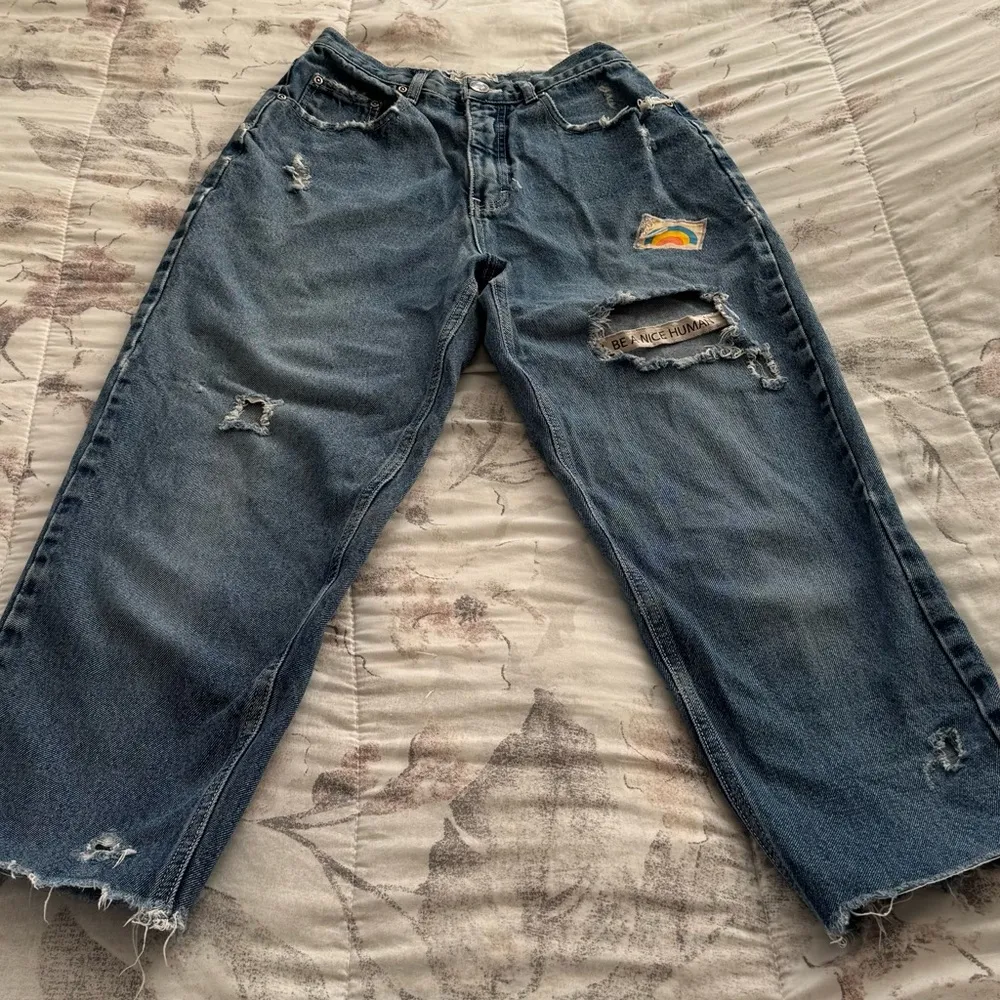 Born Again Bluez blue distressed high waisted jeans, size S patched ankle boho - Image 8