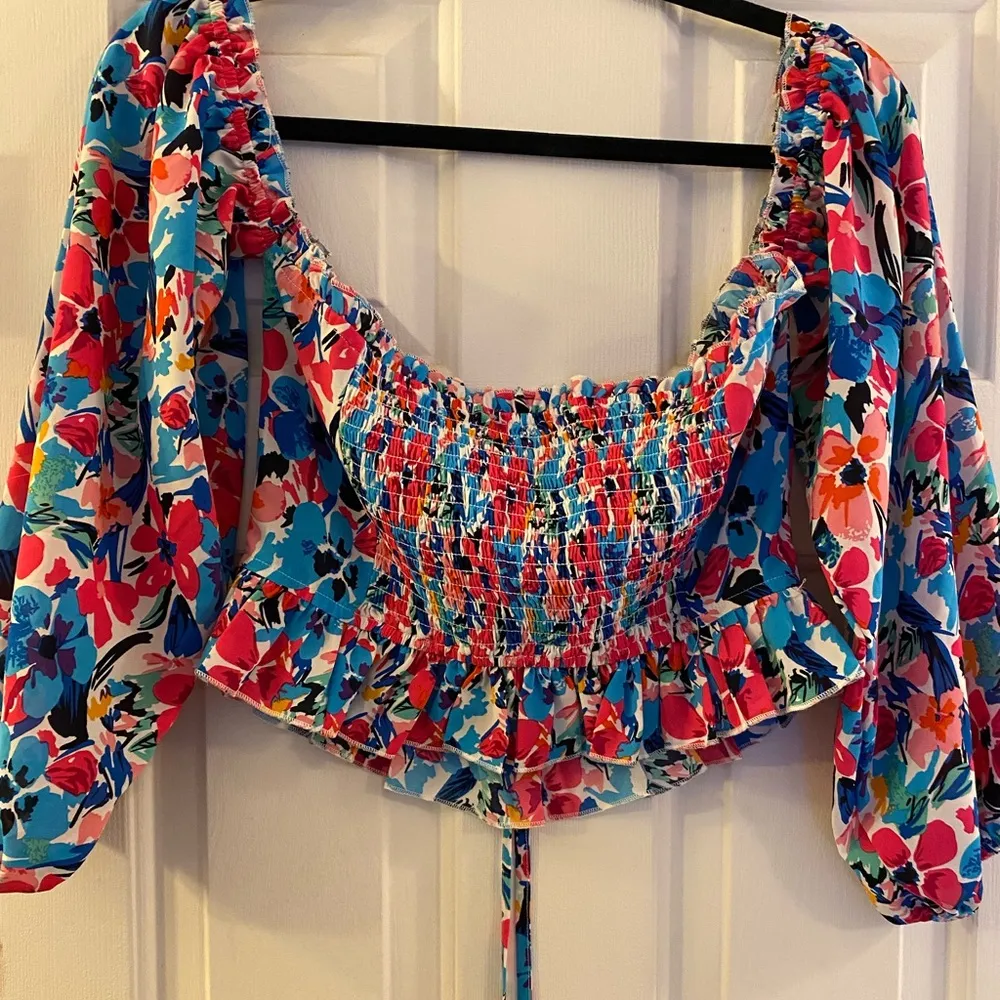 Pink Lily Sonic Blooms Floral Pink and Blue Off the Shoulder Long Sleeve Blouse - Image 7