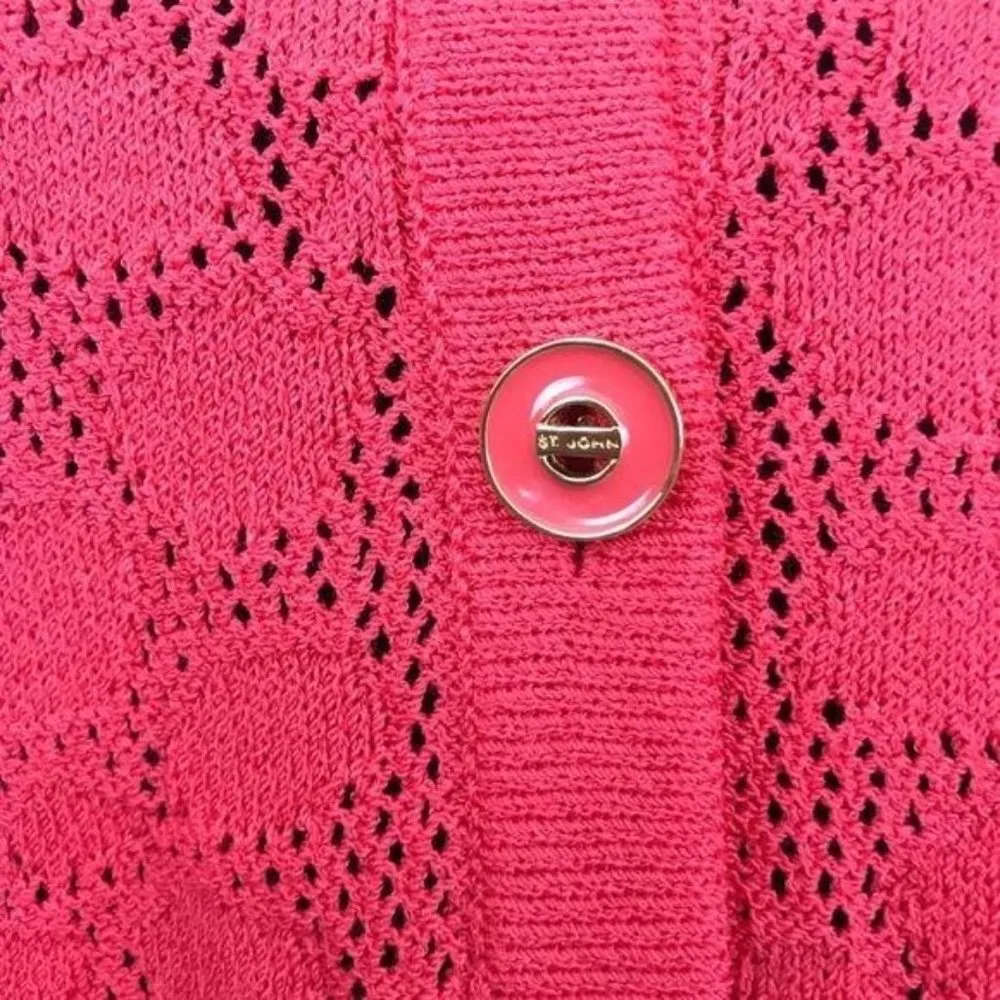 vintage St. John coral short sleeve cardigan shirt knit crochet pattern pink - Image 3