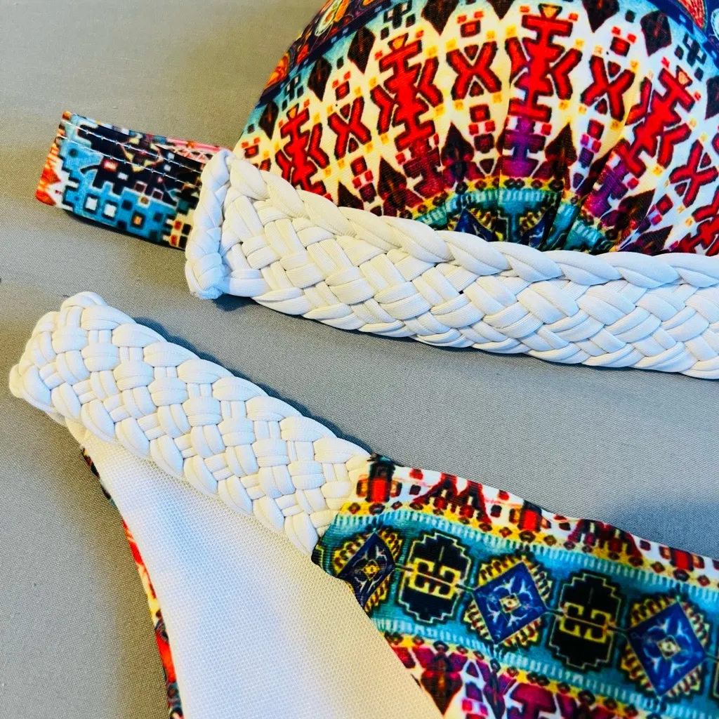Boho Chic Tribal Print Padded Push Up Brazilian Low rise Bikini Set Size Medium - Image 11