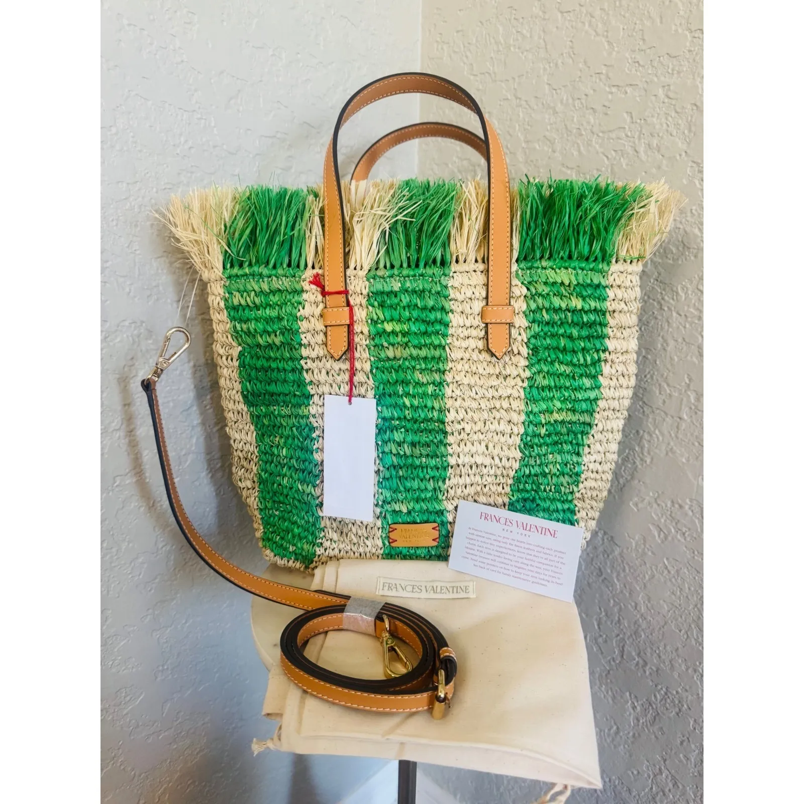 FRANCES VALENTINE Alfie French Straw & Leather Tote Bag, Green Stripe, NWT - Image 10
