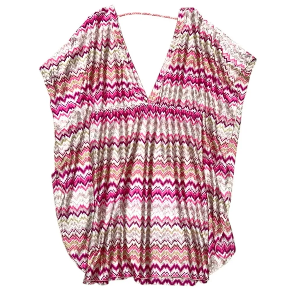 Pink and White Swim Coverup with V-Neck and Flutter Sleeves - Image 7