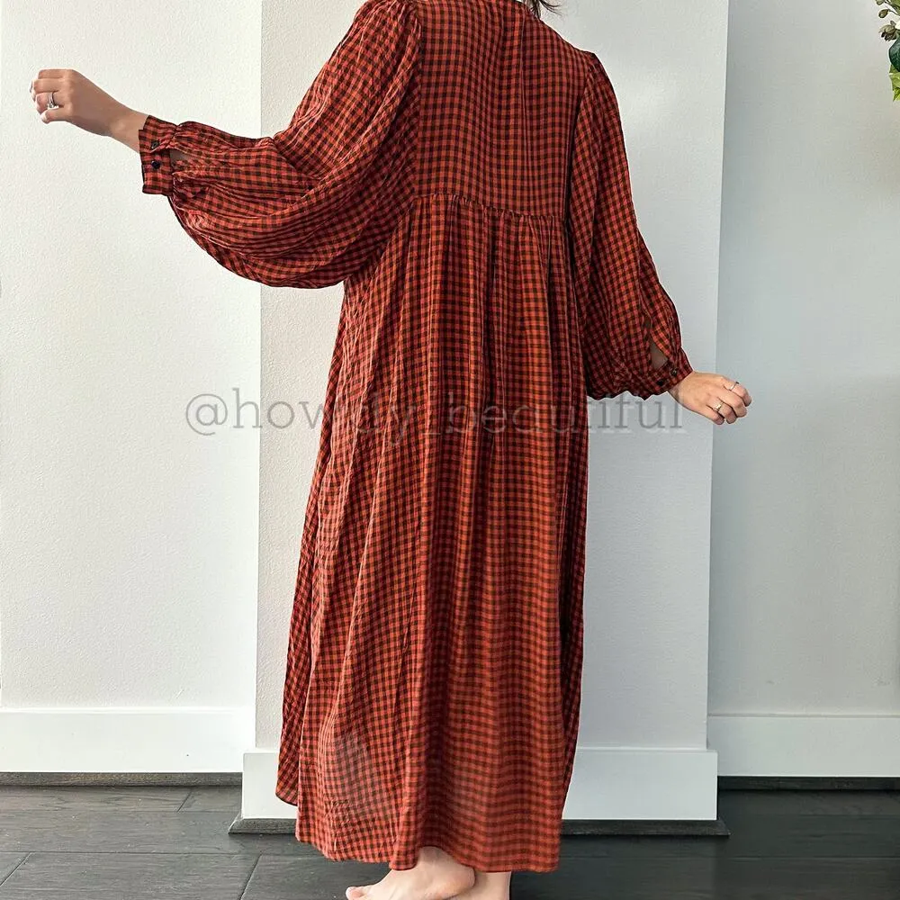 MR. LARKIN Checkered Burnt Orange Balloon Sleeves Maxi Dress Black Size XS - Image 3