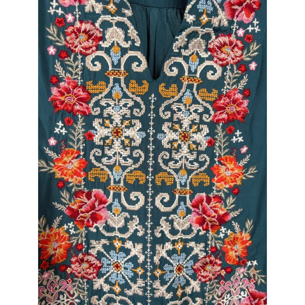 Savanna Jane Anthropologie Embroidered Grandma Floral Top Cross Stitch Small Blue - Image 3