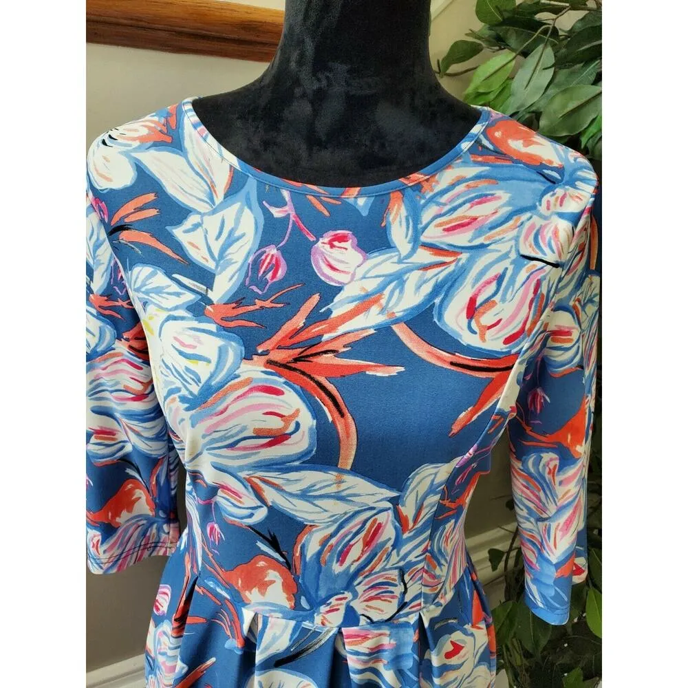 Aryeh Women's Floral Blue Nylon Round Neck Long Sleeve Knee Length Dress Size S - Image 6