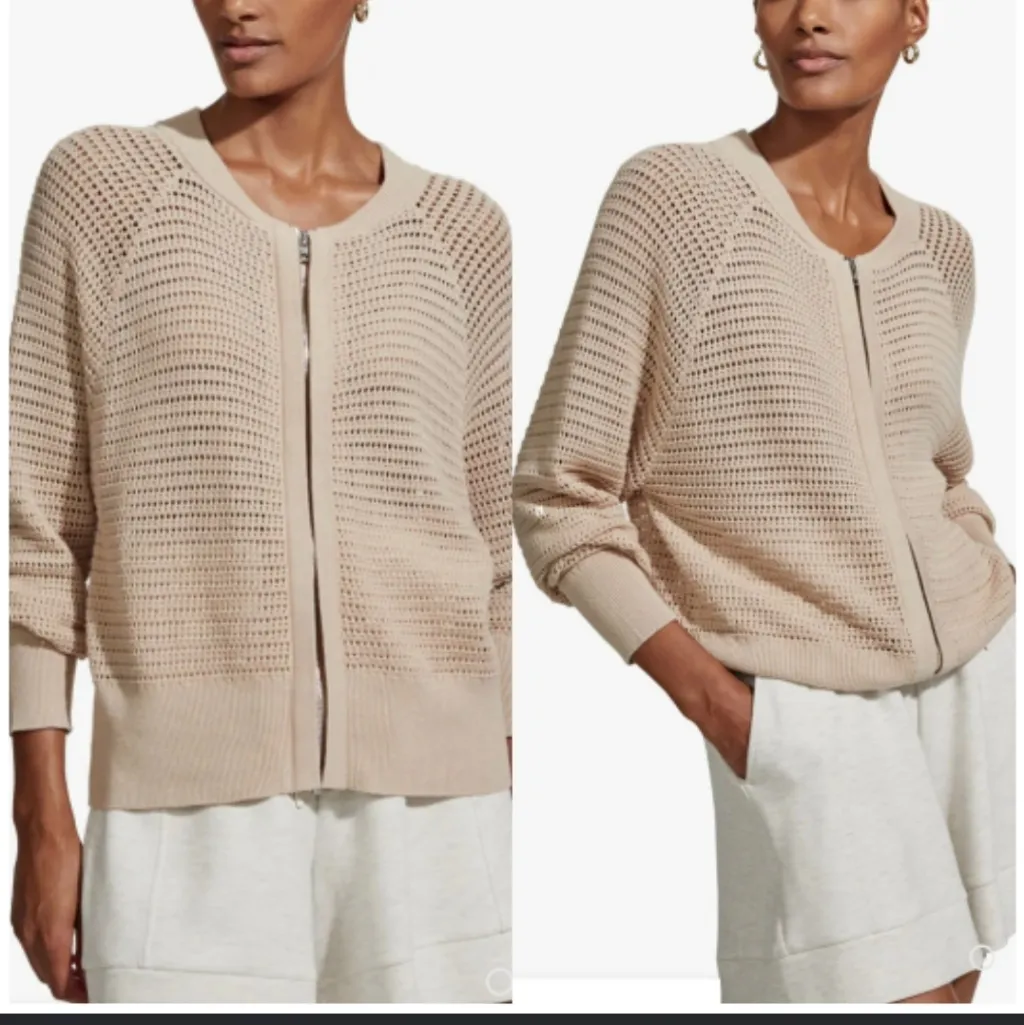 Varley Cameron Knit Zippered Cardigan Sweater Nude Taupe Open Knit Longsleeve - Image 6