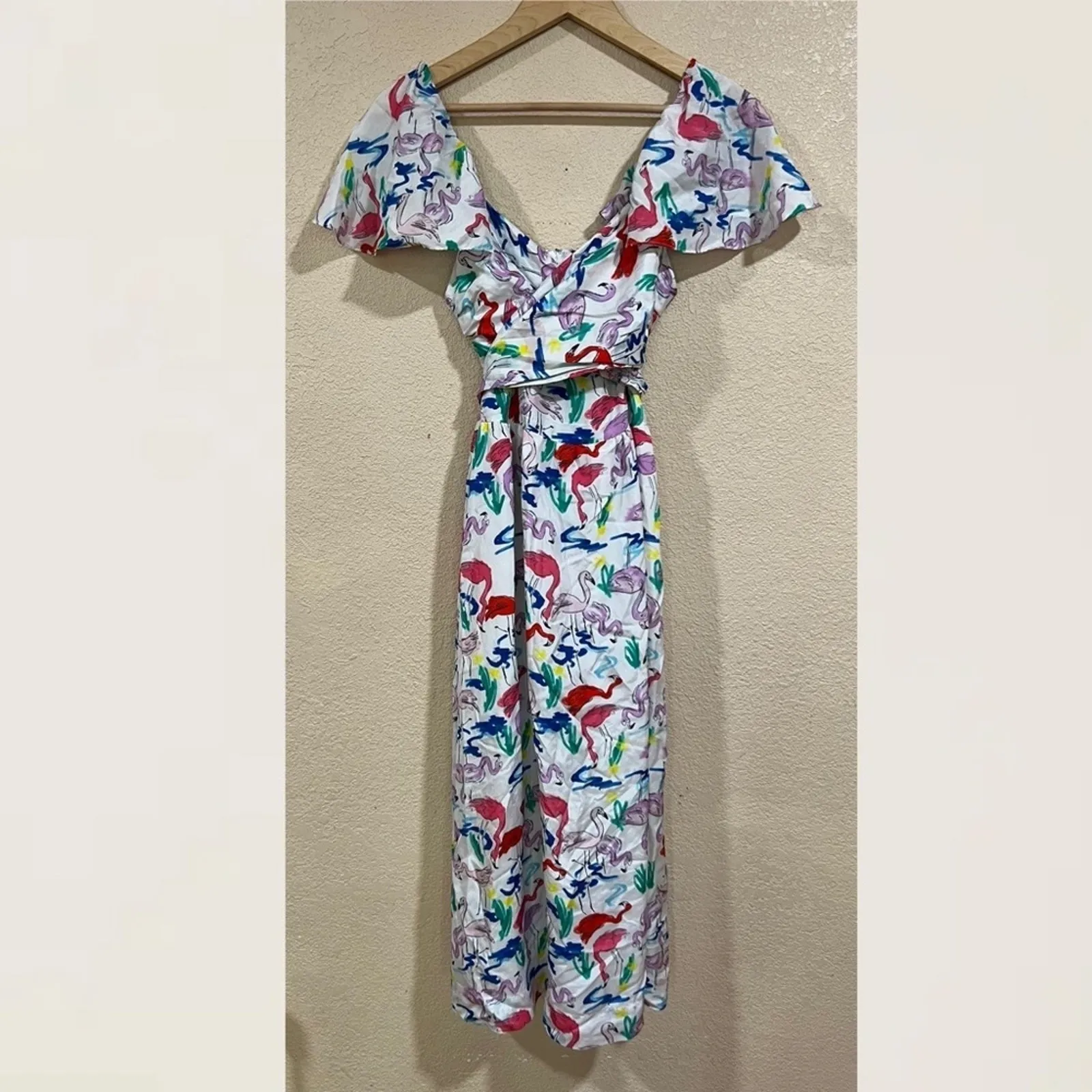 Tanya Taylor White Colorful Flamingo Wrap Bodice Teigan Silk Midi Dress 10 - Image 5