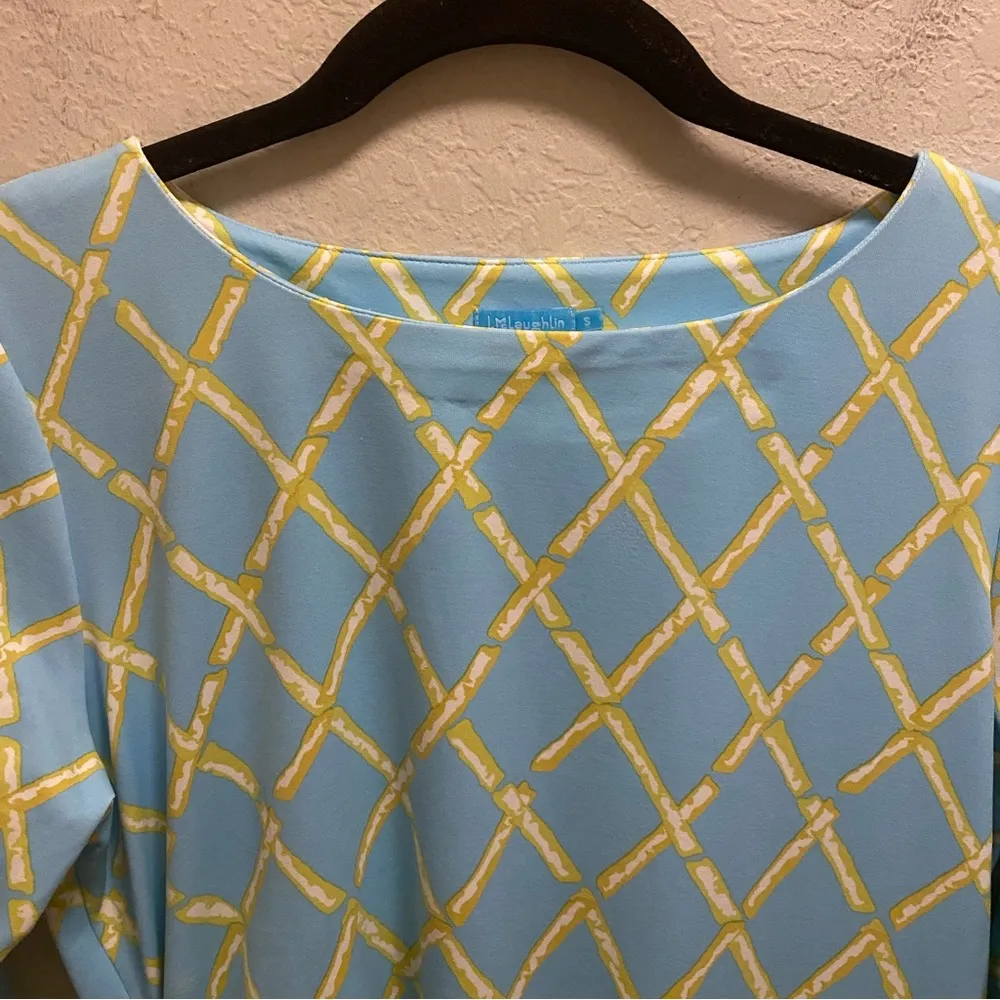 J. McLaughlin Blue Catalina Cloth Bamboo Print Ruched 3/4 Sleeve Dress Size S - Image 2