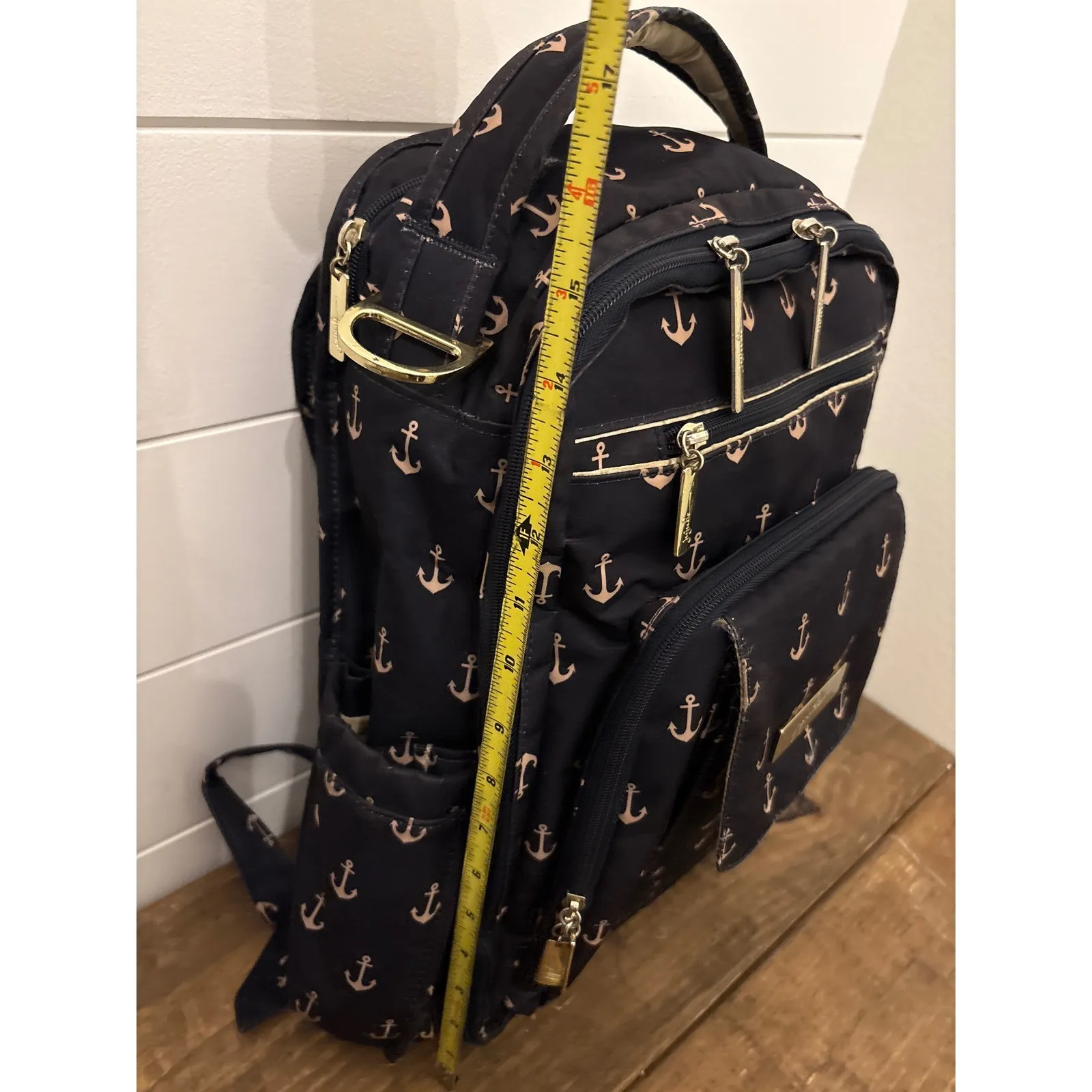 JuJuBe Navy Anchor Print Backpack Diaper Bag Gold Hardware Blue - Image 6