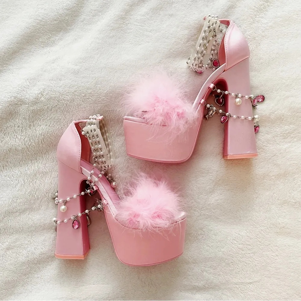 Dolls Kill Sugar Thrillz Pastel Pink Satin Charm Chain Platform Heels Shoes Size 6 - Image 2