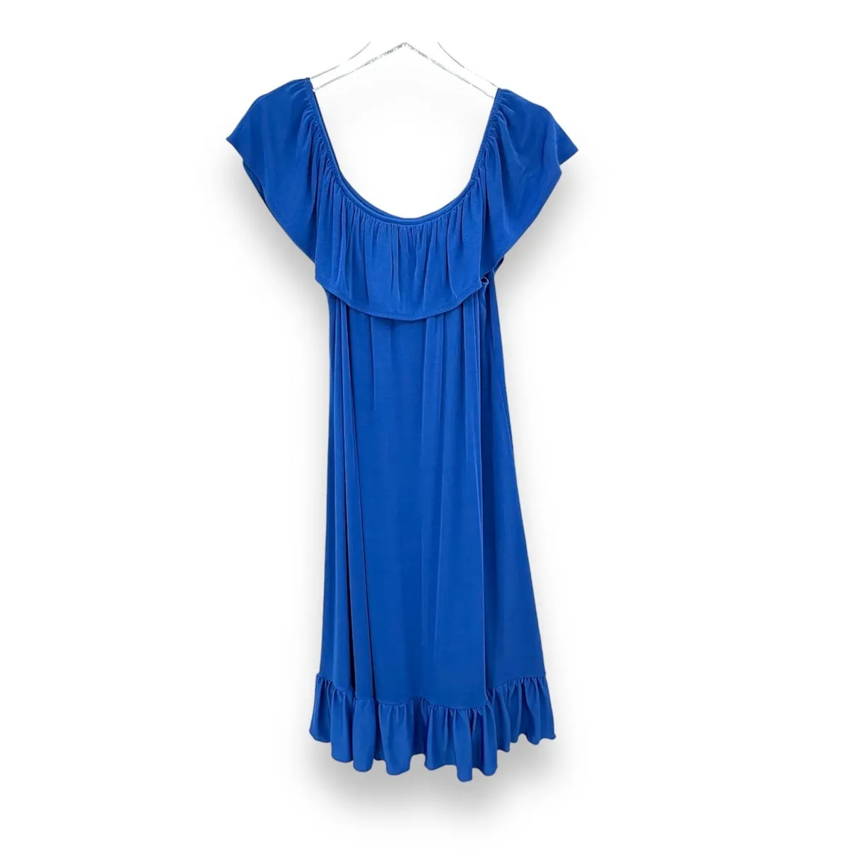 Slinky Brand dress 1X off shoulder tiered ruffle hem shift stretch travel blue - Image 5