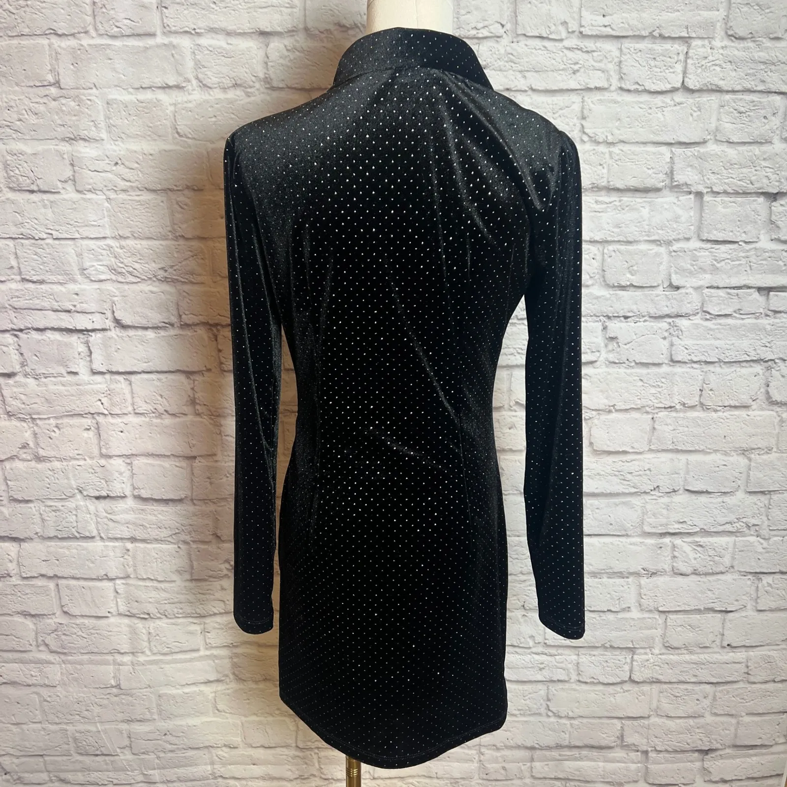 Zara Women's Small Black Velvet Rhinestone Ruched Mini Dress Party Chic - Image 4