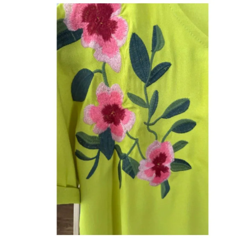 Jeuvre Embroidered Floral Short Sleeve Blouse Top Chartreuse Green Size M - Image 3