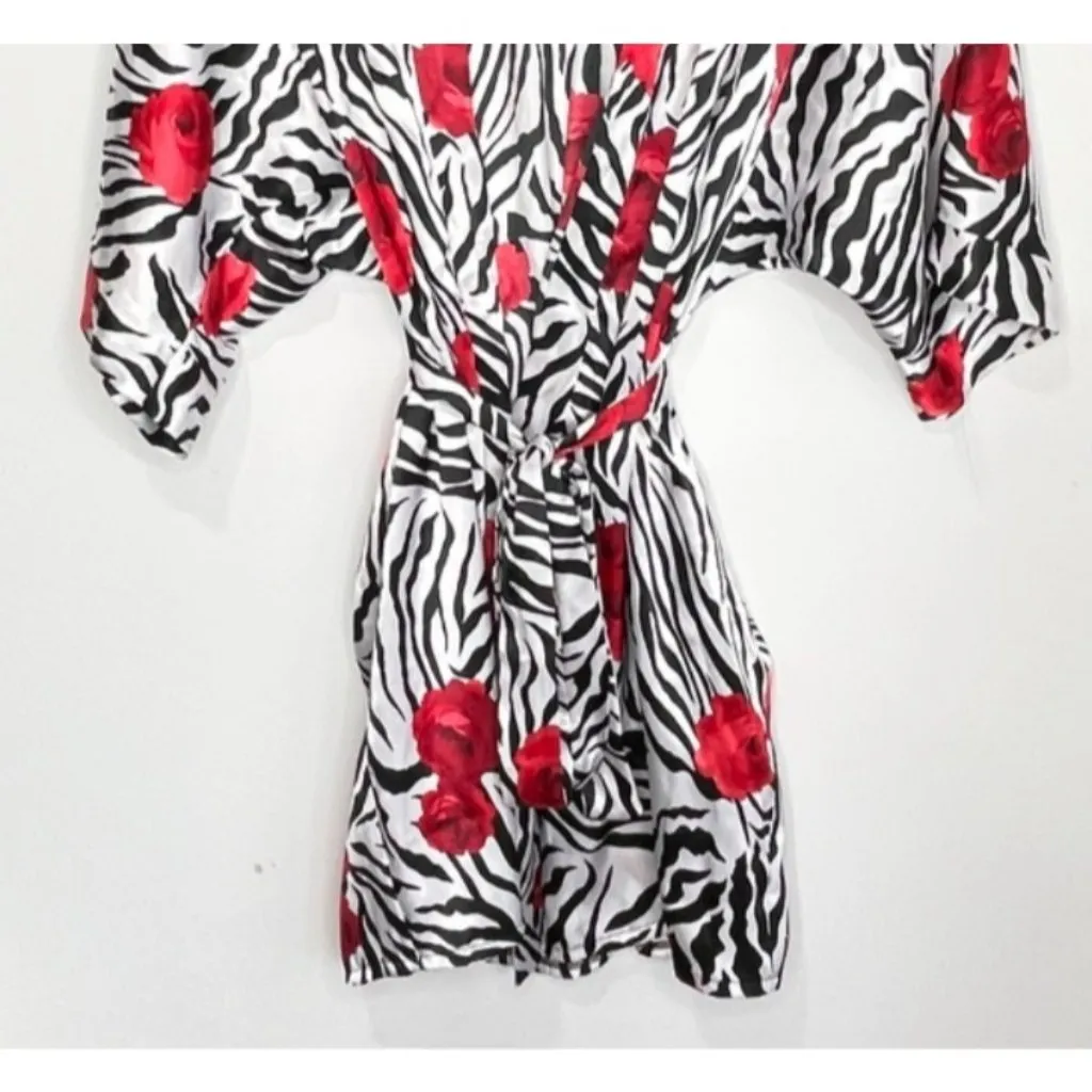 Shirley of Hollywood Satin Robe Belted Zebra Floral Women Size M Black Size M - Image 4