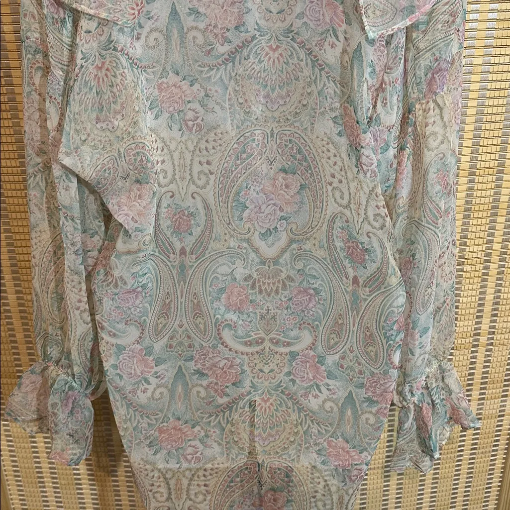 Victoria's Secret Vintage Gold Label Sheer Blue Floral Print Peasant Blouse M/L - Image 13