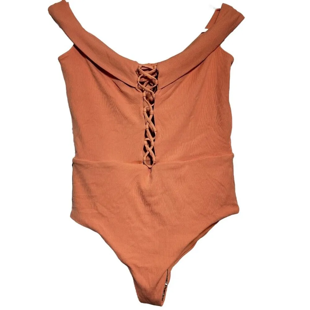 L Space Anja Off Shoulder Lace Up One Piece Swimsuit Tropical Peach 12 NWT - Image 3