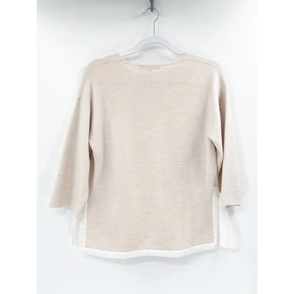 Tibi Merino Wool Mixed Media Pleated Hem Beige White Knit Sweater Size Small - Image 3