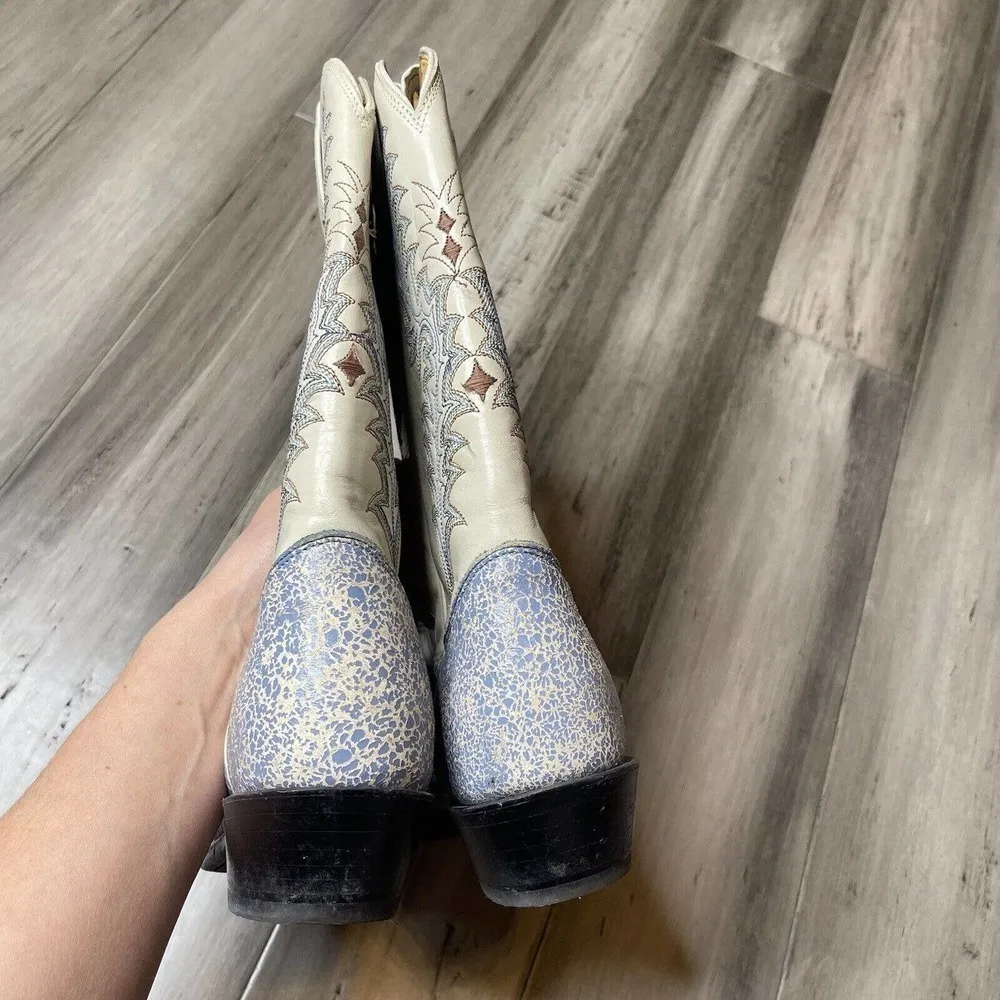 Tony Lama Speckled Heeled Leather Boots Women's Blue Cream Size 7.5 B - Image 3