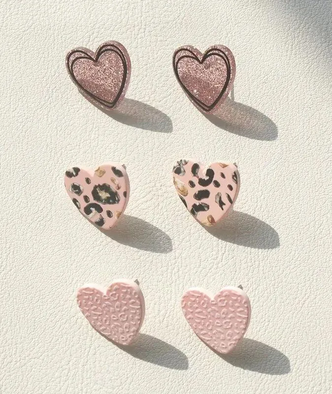 NEW 3 Pairs Heart Stud Earrings Pink & black Leopard Print heart earrings trendy - Image 3