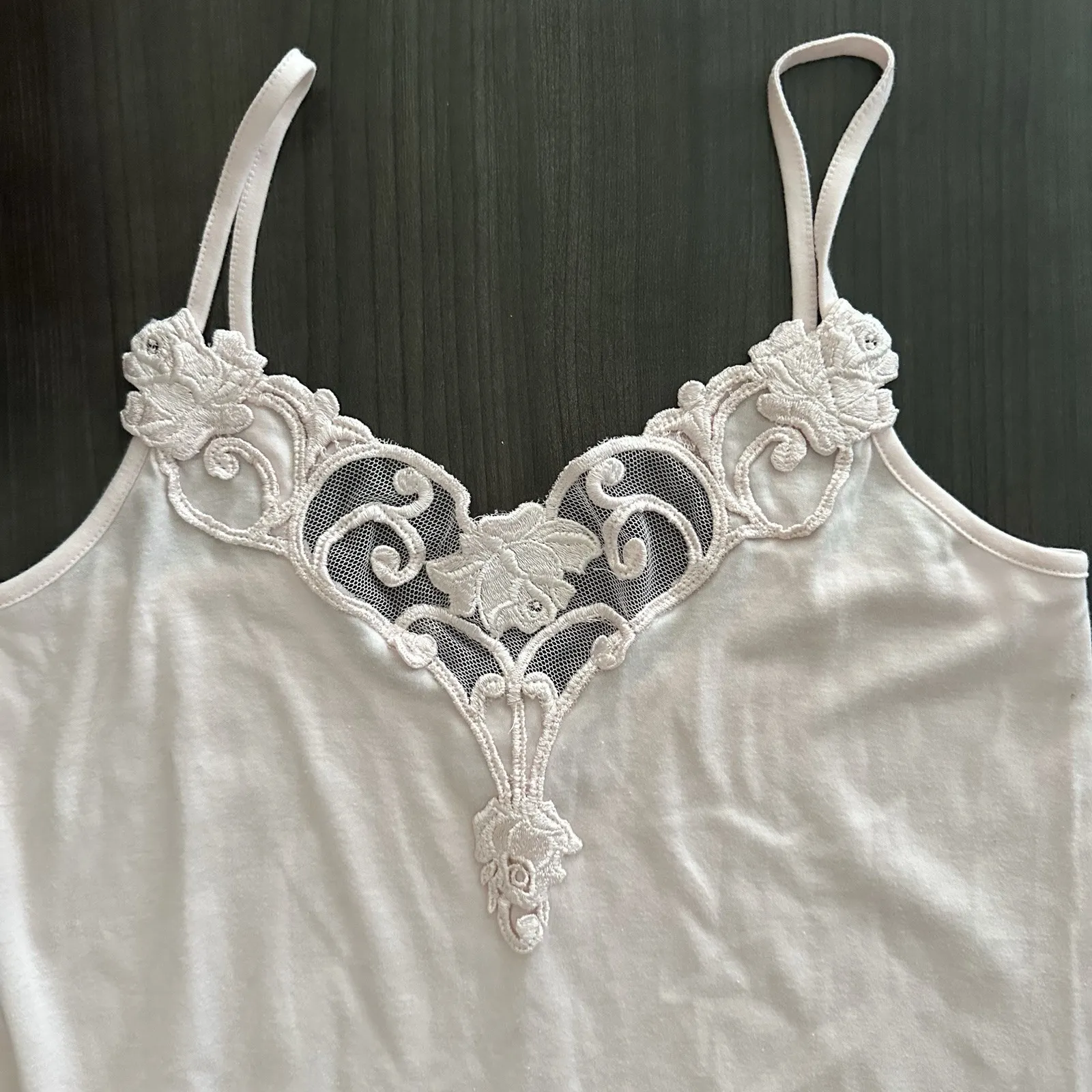 VTG Y2K Hanky Panky Tank Top S Babydoll‎ Pink Nylon Floral Spaghetti Fairy 2000s - Image 2