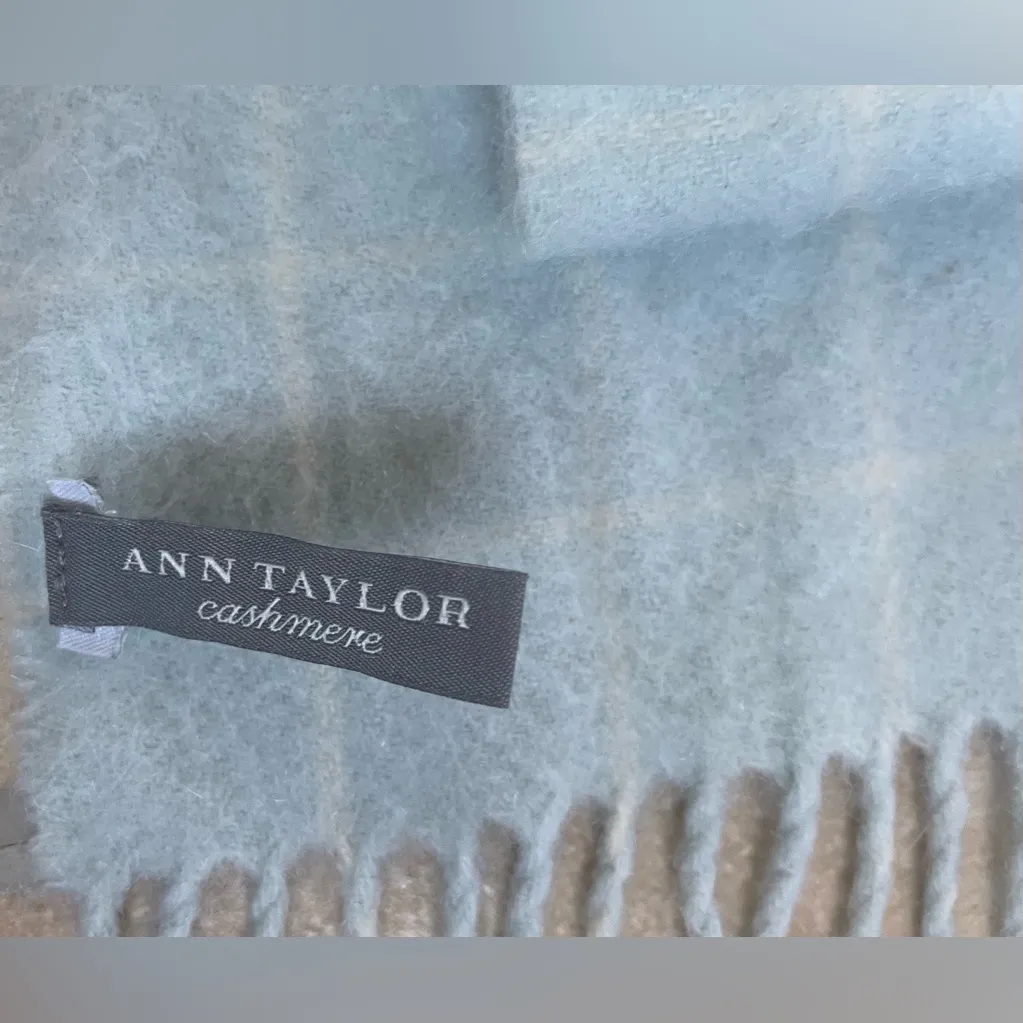 Ann Taylor 100% cashmere light blue/yellow plaid winter scarf, fringe, tassel - Image 3