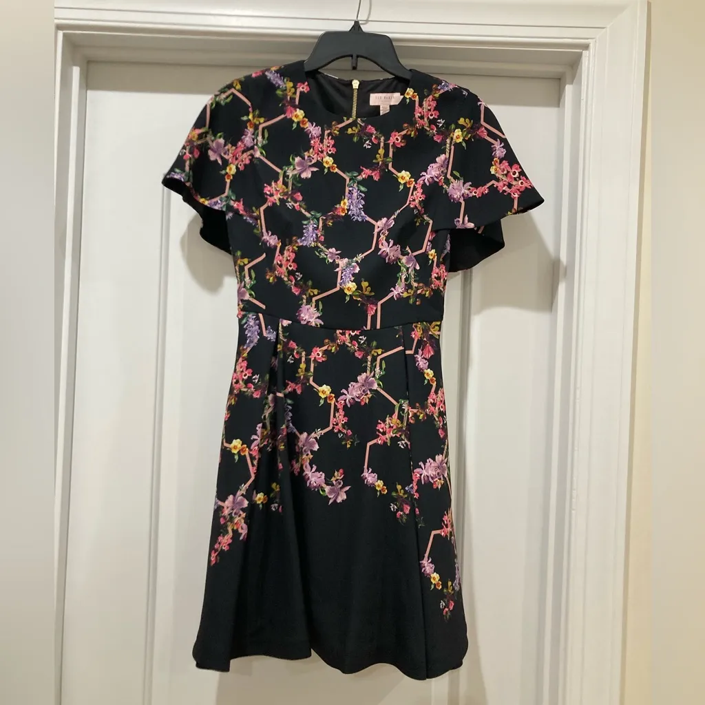 Ted Baker Black Dress with Pink Floral Design Uk 1 (US 4) - Image 3