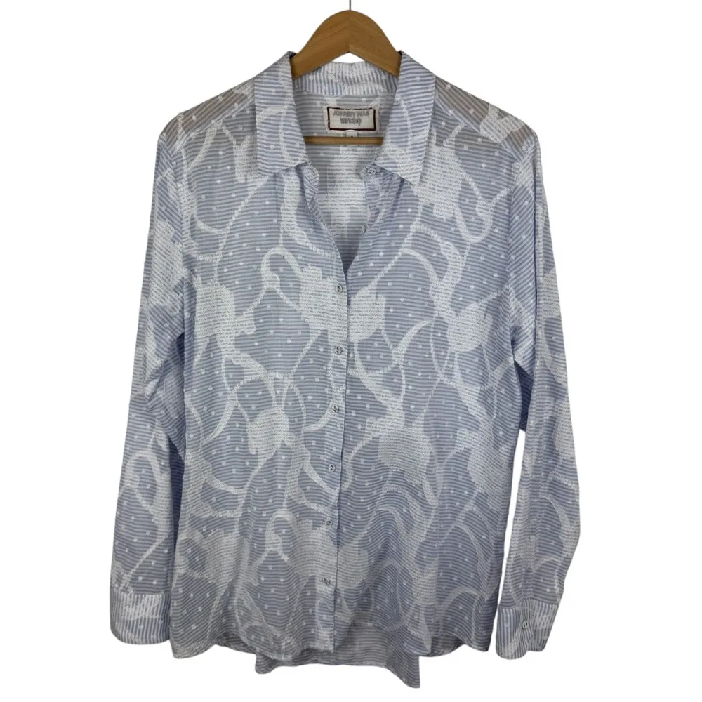 Johnny Was Workshop Flore Seersucker Button Down Shirt Sz S Embroidered Striped - Image 2