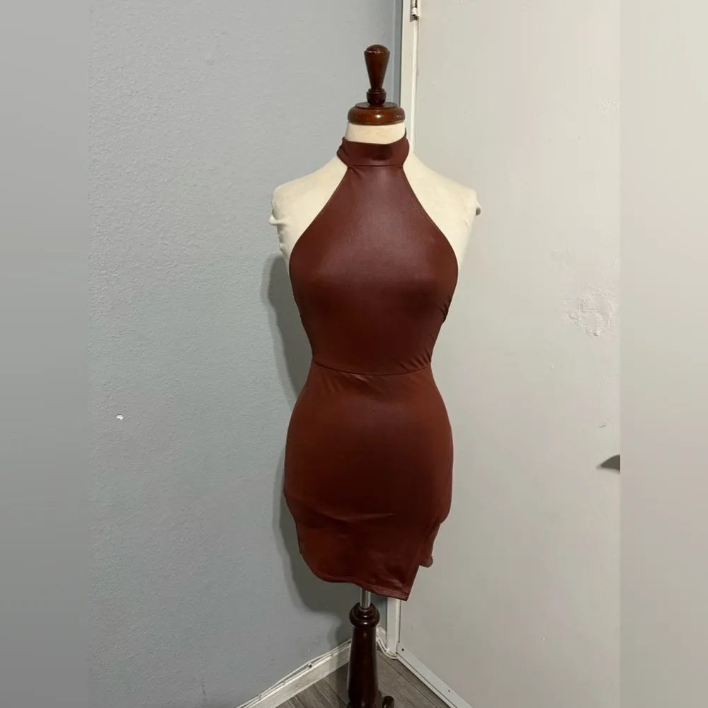 SHEIN Rust Brown Asymmetrical Hem Open Back PU leather Bodycon Party Dress Sz XS - Image 4
