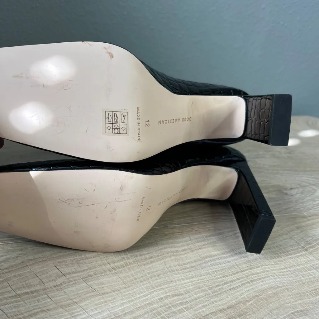 Good American Black Heel Ankle Boot Size 12 Patent Croc Embossed Square Toe NEW - Image 10