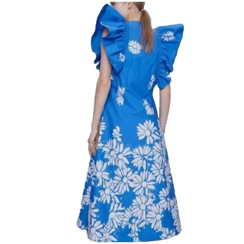 ZARA Daisy Floral Statement Ruffle Sleeve Midi Dress Size Medium Sweetheart Neck - Image 2