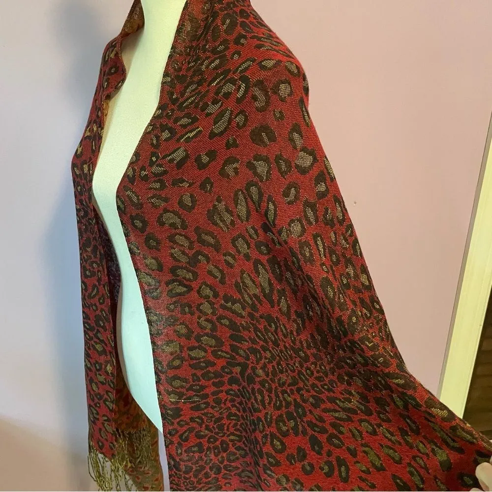 Pashmina Scarf Silk Blend Wrap Red Leopard Animal Print Fringe Shawl - Image 6