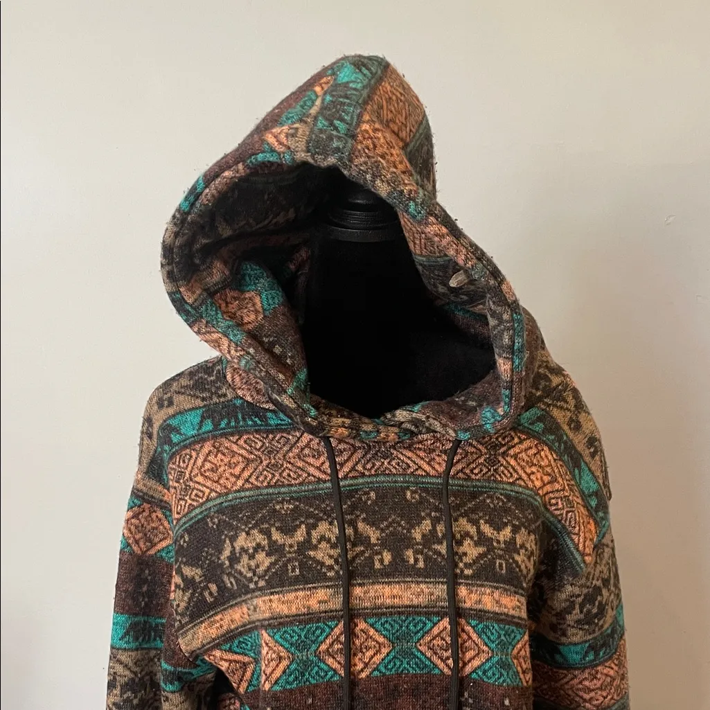 Patterned Hooded Baja style top large multi colored southwestern vibes Green - Image 2
