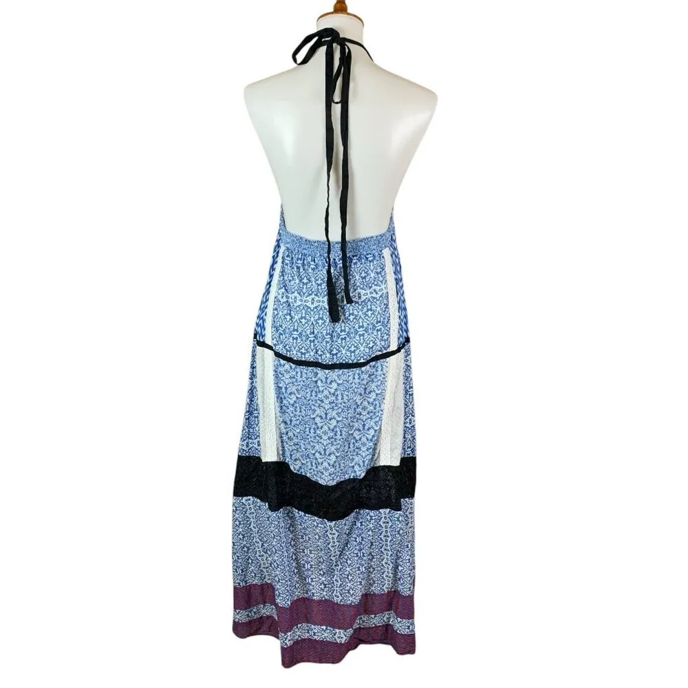 Khaadi Khaas Boho Halter Maxi Dress Blue Patchwork 100% Cotton Small - Image 4