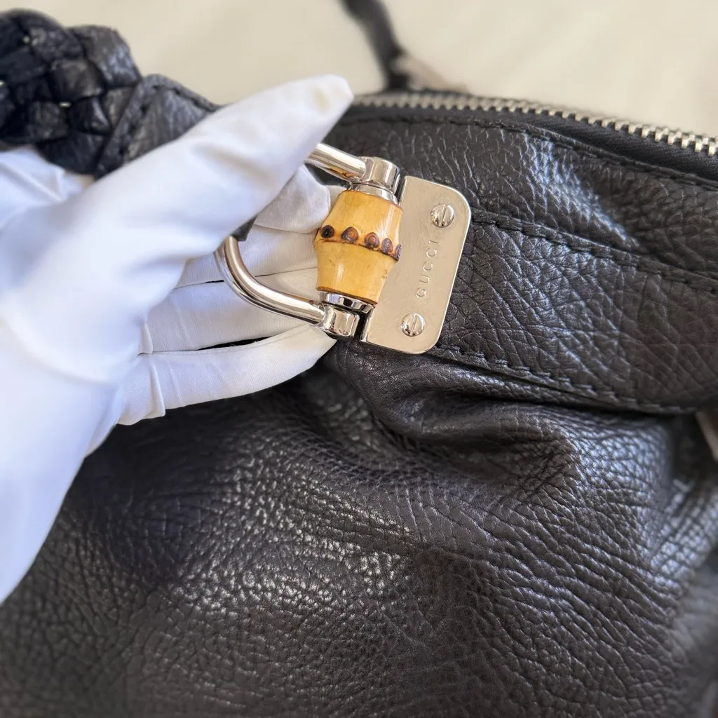 Authentic Gucci Black Large Leather Bamboo Bar Tote/Shoulder Bag - Image 6