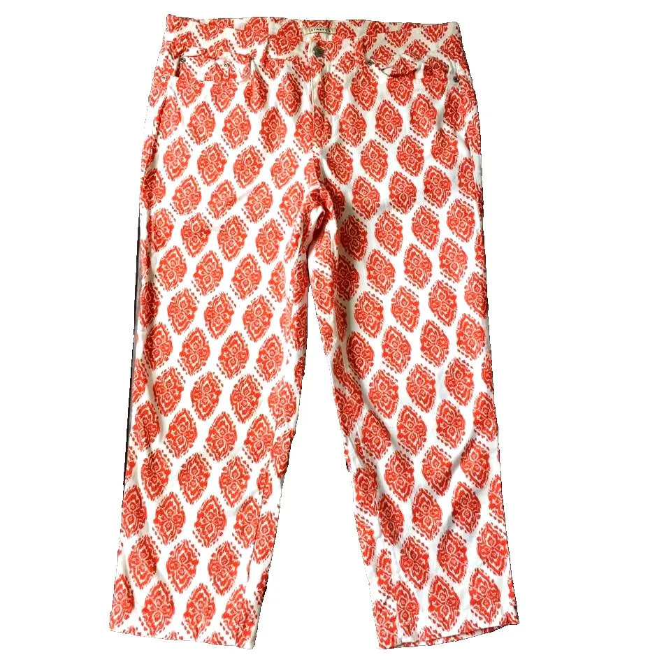 Jones New York Crop Jean Women 14 L Denim Capri Pant 25" Orange White Boho Print - Image 2